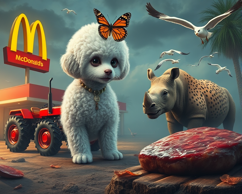 mcdonalds, frankenstein, poodle, feather, ferret, tractor, butterfly, pistachio, rhino, cheetah, palm tree, steak, seagull